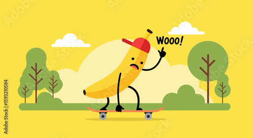 Banana Character Wearing a Hat and Riding a Skateboard In A Park Illustration