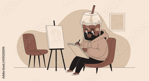 Creative Coffee Cup Character Illustration Drawing Portrait In The Studio