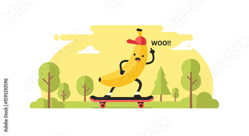Banana Is Skateboarding In The Park, Vector Illustration For Kids