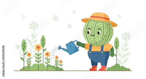 Cheerful Melon Character Gardening In A Vibrant Flowerbed Cartoon Illustration