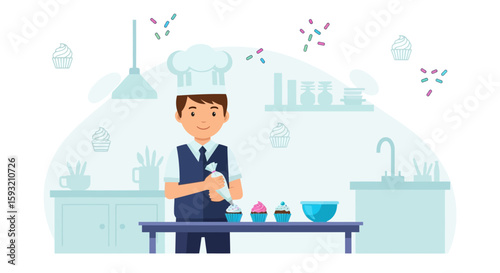 Cheerful Pastry Chef Decorating Cupcakes With Icing In A Bright Kitchen