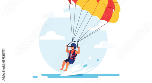 Cheerful Person Parasailing In Summer Having Extreme Water Activity