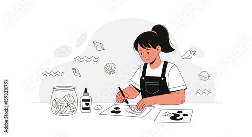 Creative Little Artist Making Marine Theme Craftwork With Seashells And Glue