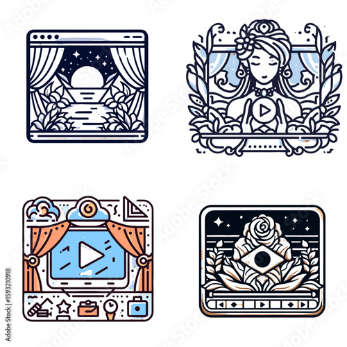 Video player window illustration with decorative elements and nature  