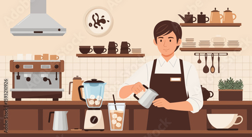 Barista Prepares Iced Coffee Drink In A Charming Cafe Environment Illustration