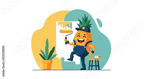 Cheerful Pineapple Painter Decorating A Wall With Yellow Paint And Fun Colors