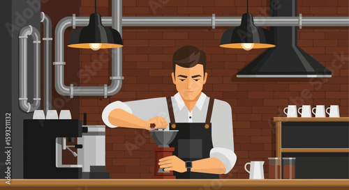 Barista Preparing Coffee Beans With Grinder In Coffee Shop Illustration