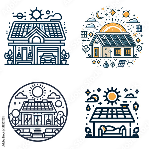 Solar roof illustrations in colorful line art style featuring houses  