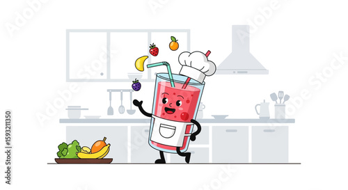Cheerful Smoothie Mascot Juggling Fresh Fruits in a Kitchen Scene Illustration