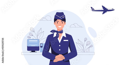 Cheerful Stewardess Illustration In Blue Uniform And A Plane Flying Above