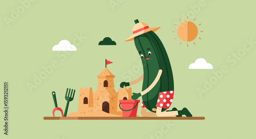 Cucumber Character Building A Sandcastle On The Beach During Summer Vacation