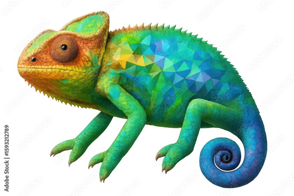 Fototapeta premium Geometric skin pattern revealing chameleon's vibrant colors, blending natural design with digital artistic rendering against transparent backdrop