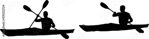 2 vector silhouettes of a male and female "flat water" kayaking together in a tandem kayak. 2 Vector Silhouettes of a man kayaking and a woman kayaking in a single	