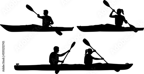 2 vector silhouettes of a male and female "flat water" kayaking together in a tandem kayak. 2 Vector Silhouettes of a man kayaking and a woman kayaking in a single	