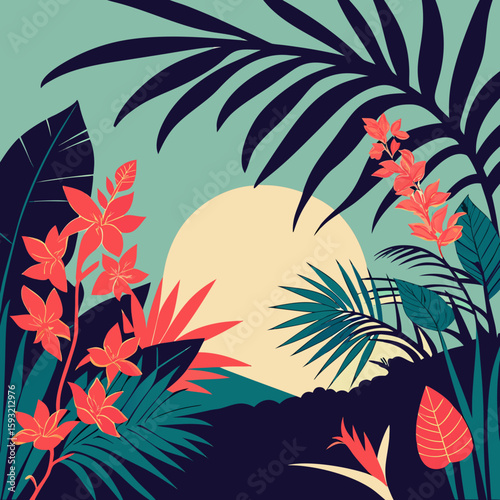 Tropical plants and flowers silhouetted by large moon at dusk  