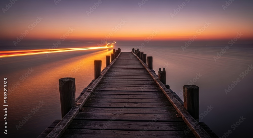 Fototapeta premium Seaside wooden pier at sunset with light trails over calm ocean waters