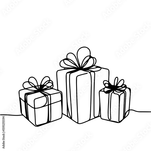 Minimalistic black and white continuous line art of festive wrapped presents with ribbons on a plain white background, concept of gift giving, decoration.