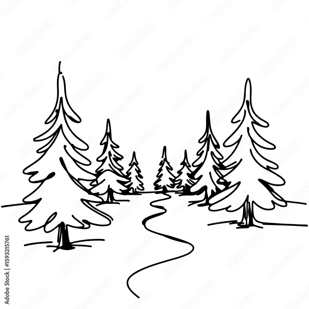 Obraz premium Minimalistic continuous line drawing of snowy street with Christmas trees, abstract elegance, winter wonderland concept.