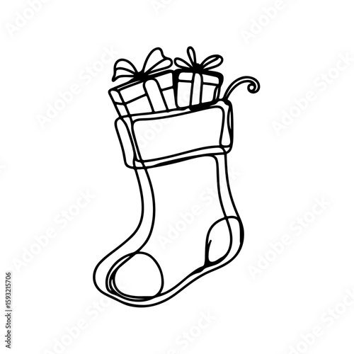 Minimalistic black one-line drawing of a Christmas stocking filled with gifts, on a plain white background, concept of holiday decoration and gift giving.