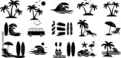 Black summer beach icon set, flat vector silhouette style, isolated on white, A tropical beach and surf-themed vector set with palm trees, waves, surfboards, a van, flamingos, and ocean elements	