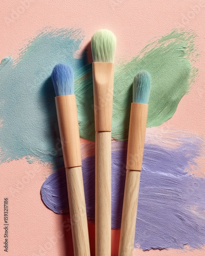 Three makeup brushes, light pastel colors, on a blush-pink surface with colorful paint smudges