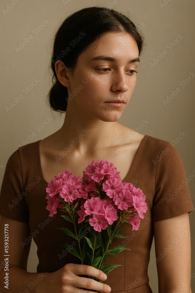 Young caucasian female holding pink flowers in thoughtful pose Young caucasian female holding pink flowers in thoughtful pose