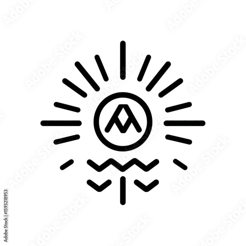 Stylized sun emits light above rippling water icon design