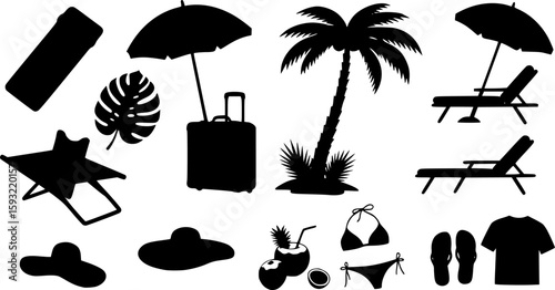summer time beach holidays travel design elements, decoration Silhouettes: mattress, suitcase, umbrella, sunchair, palm tree, leaf, fruits, pineapple, coconut drink, flip flops, bikini, hat, shirt	