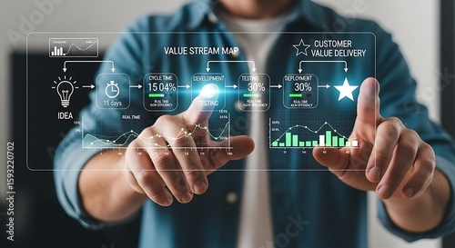 Man interacting with a digital value stream map interface, showcasing data and customer delivery.