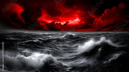 Dramatic Red Sky over Dark Ocean Waves