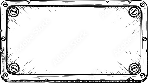 Rectangular industrial metal signboard with bolts, hand-drawn style
