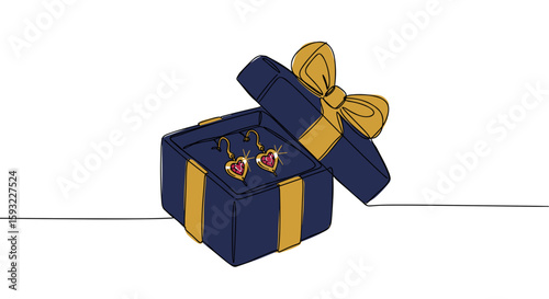 Gold heart-shaped earrings with rubies in navy gift box with golden ribbon – one line doodle drawing with watercolor fill, minimalistic vector illustration on white background

