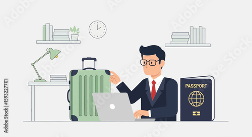 Executive Planning Vacation Bookings Online With Passport And Suitcase At Home