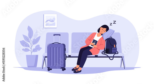 Exhausted Traveler Sleeping At The Airport Waiting Room With Her Luggage