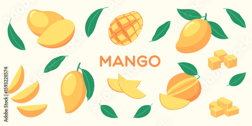 Colorful flat vector set of mango fruits with leaves, slices, cubes and half-cut pieces. For card, background, summer, tropical, kids and healthy food design. Cartoon illustration. Minimal. Clip art.