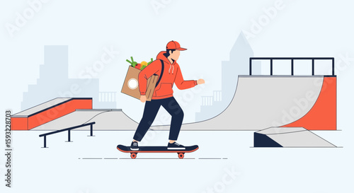 Groceries Delivery With A Man On Skateboard Riding Through The Skate Park