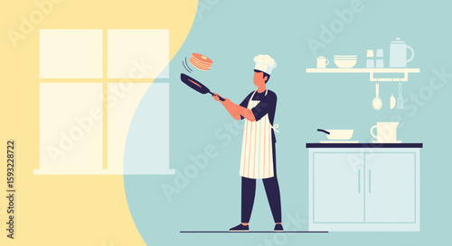Expert Chef Flipping Pancakes In a Modern Kitchen Illustration Flat Design