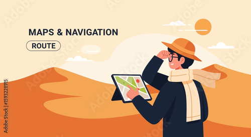 Explorer Navigating Desert Route With Digital Map and Adjusting Glasses
