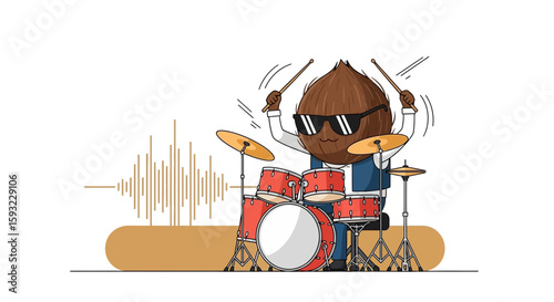 Groovy Coconut Character Playing Drums With Sunglasses In Studio