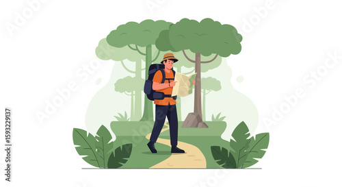 Explorer Navigating Wilderness With Map, Adventure Through Forest Landscapes