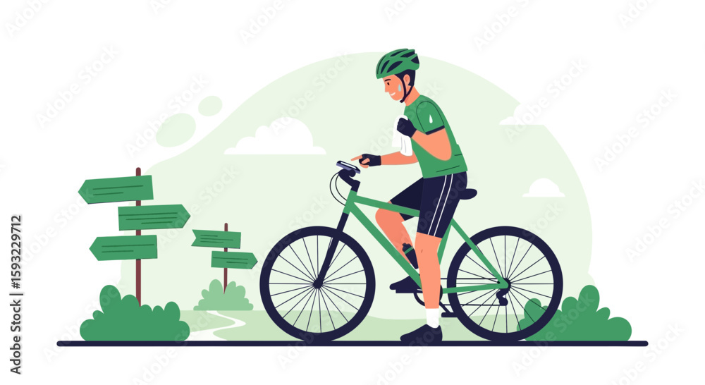 Obraz premium Cyclist Taking Break In Nature Navigating With Mobile App Illustration