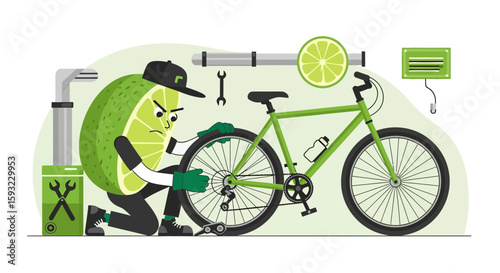 Lime Mechanic Fixing Bicycle Wheel On Green Theme Illustration Vector Graphic