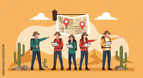 Group Of Adventurers Navigating Wilderness Landscape Using Maps And Directional Guidance