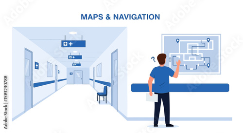 Lost Doctor Looking For The Right Way At Hospital Map On The Wall