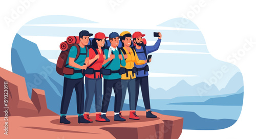 Group Of Friends Enjoying A Selfie On The Mountain Top Adventure Together