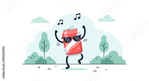 Dancing Soda Can Mascot Enjoying Music In A Park Cartoon Illustration