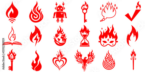 Collection of red fire icons, including objects and symbols, on transparent background