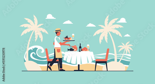 Exquisite Beachfront Dining Scene With Waiter Serving Food And Tropical Landscape