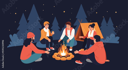 Group Of Friends Gathered Around Campfire Under Starry Night Sky Adventure
