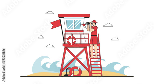 Dedicated Lifeguard Observes the Coastline from His Watchtower on the Sandy Beach